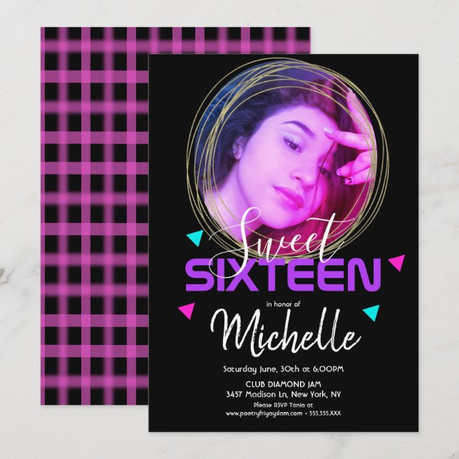 Invitación Neon Sweet Dieciséis Ring de Oro Confetti Photo Gr (Anverso / Reverso)