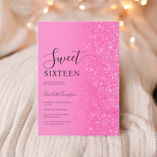 Invitación Neon Sweet, Purpurina rosa de lujo moderno 16 (Modern Luxurious Pink Glitter Neon Sweet 16 Invitation)