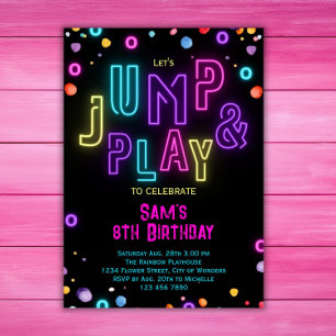 Invitación Neon Trampoline Fiesta Chicas Pink Purple Cumpleañ