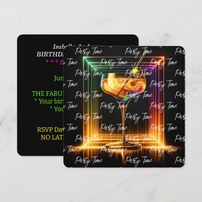 Invitación Neon Trendy Time Personalizada (Anverso / Reverso)