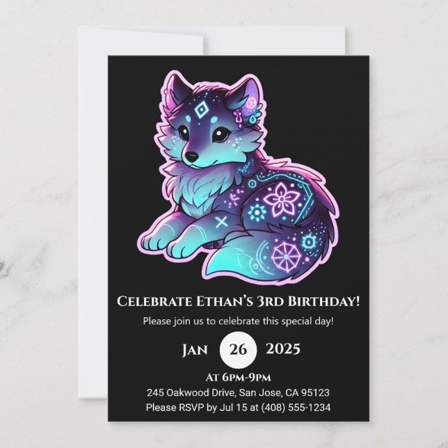 Invitación Neon Tribal Wolf Birthday Invitation (Anverso)