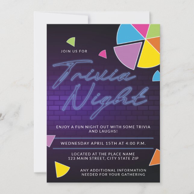 Invitación Neon Trivia Fiesta nocturno (Anverso)