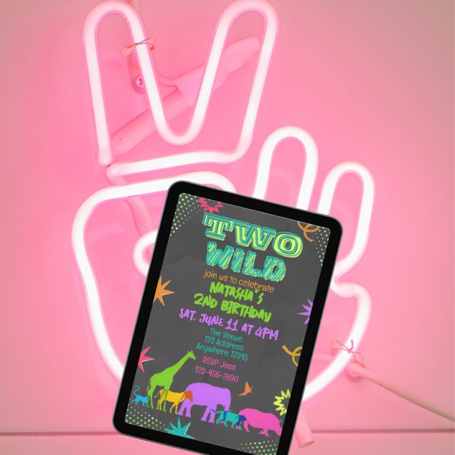 Invitación Neon Two Wild Animals 2nd Birthday (Subido por el creador)