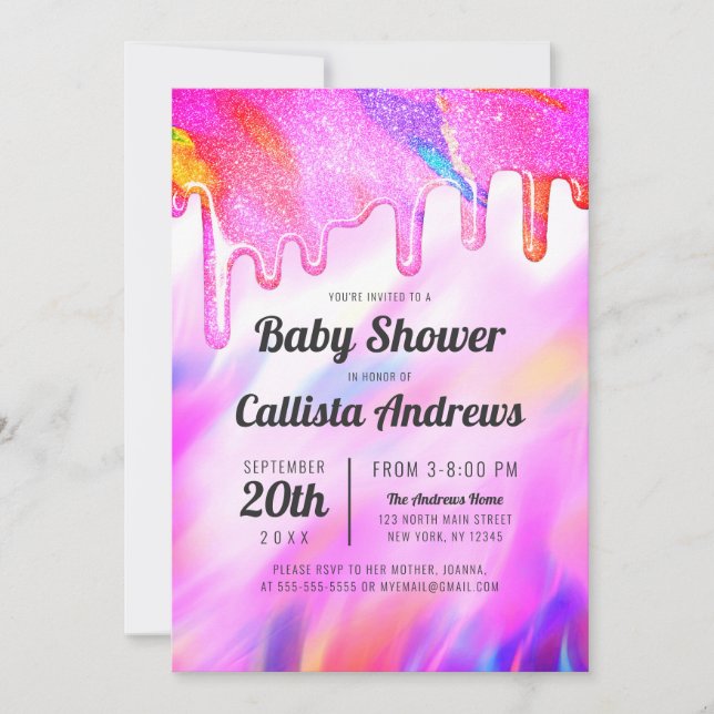 Invitación Neon Unicorn Holographic Purpurina Drip Baby Showe (Anverso)