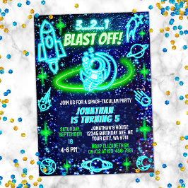 Invitación Neón verde azul brillante espacio exterior niños c