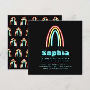 Invitación Neon Verde azulado Rainbow Birday Party