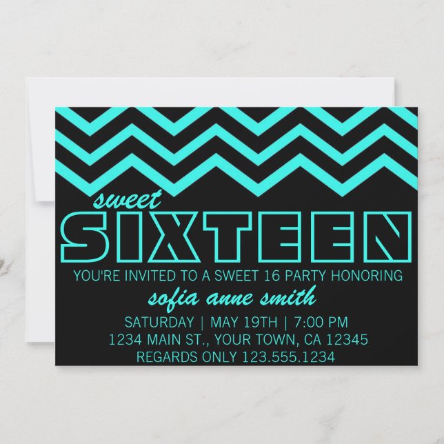 Invitación Neon Verde azulado y negro Chevron Sweet 16 Invita (Anverso)