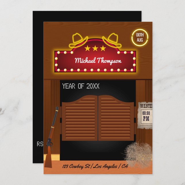 Invitación Neon Wild West Cowboy Partido de Graduación Invi (Anverso / Reverso)