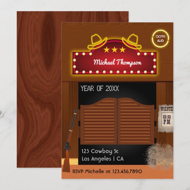 Invitación Neon Wild West Cowboy Partido de Graduación Invi (Anverso / Reverso)