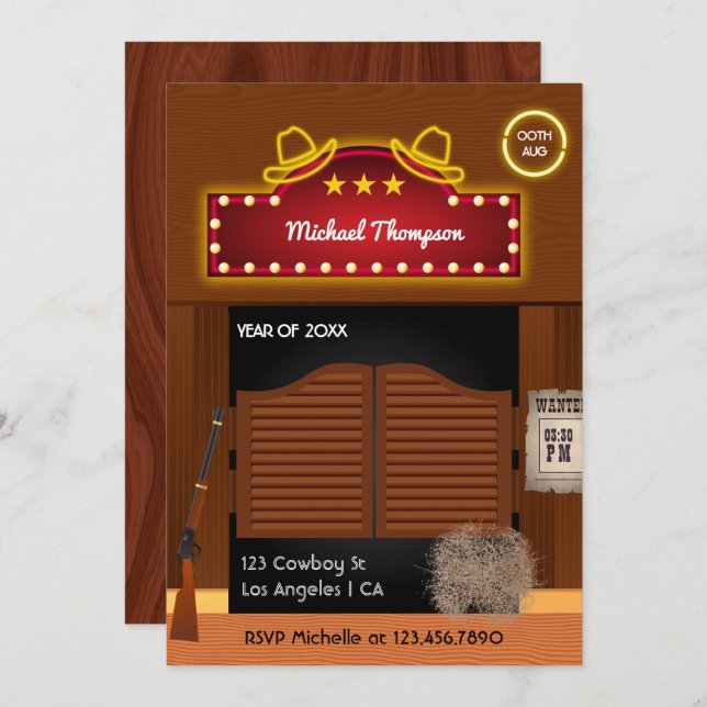Invitación Neon Wild West Cowboy Partido de Graduación Invi (Anverso / Reverso)