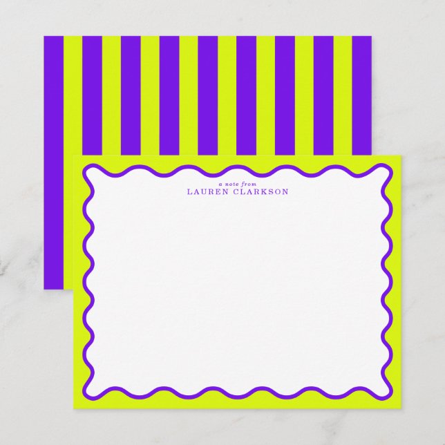 Invitación Neon Yellow-Green & Purple Wavy Note Card (Anverso / Reverso)