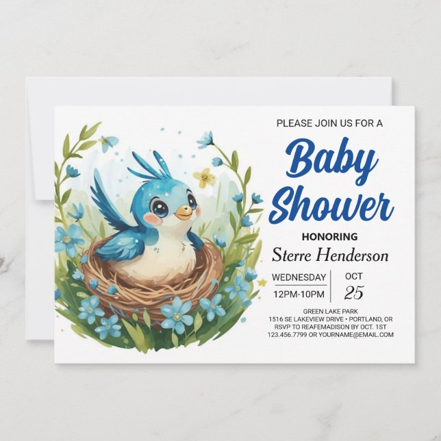 Invitación Nest Bohemian Whimsical Bird Boy Baby Shower (Anverso)