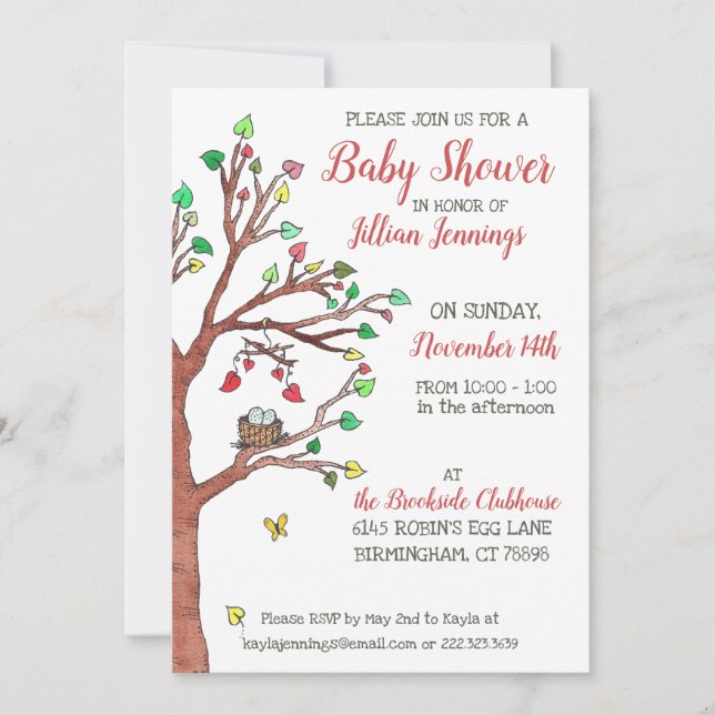 Invitación Nest Watercolor Tree Whimsical Baby Shower (Anverso)