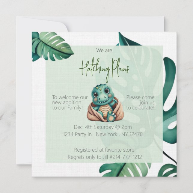Invitación neutra a la ducha de bebé de dinosaurio (Anverso)