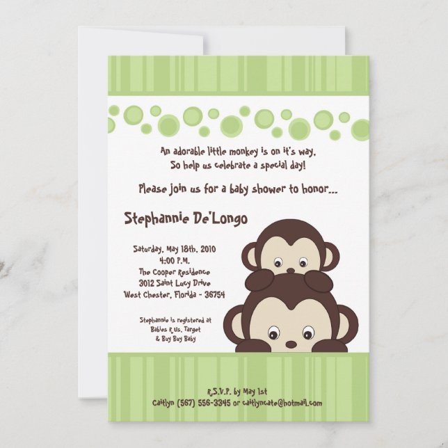Invitación Neutra Baby Shower de mono pop verde 5x (Anverso)