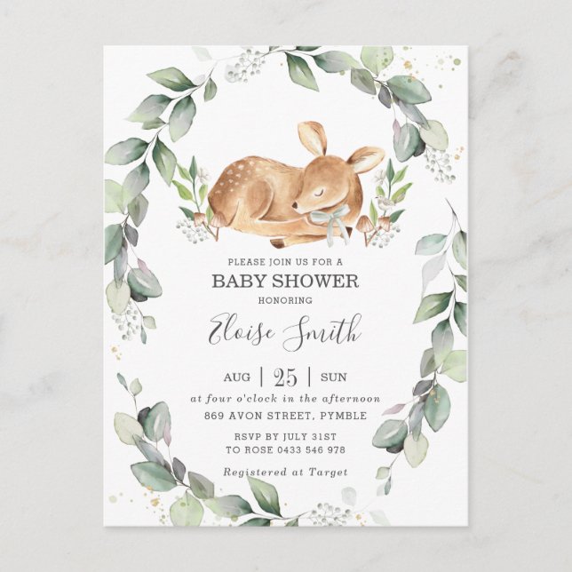 Invitación neutra de Baby Shower de moda Greenery  (Anverso)