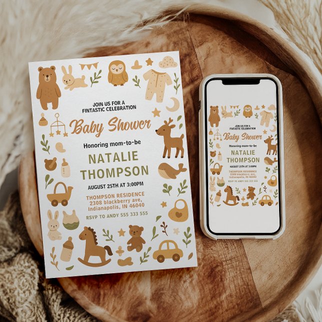 Invitación Neutral Baby Boy Shower | Cute Safari Animal (Neutral Baby Boy Shower | Cute Safari Animal Invitation)