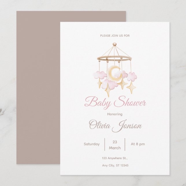 Invitación Neutral Baby Shower Invitation Moon and Stars (Anverso / Reverso)