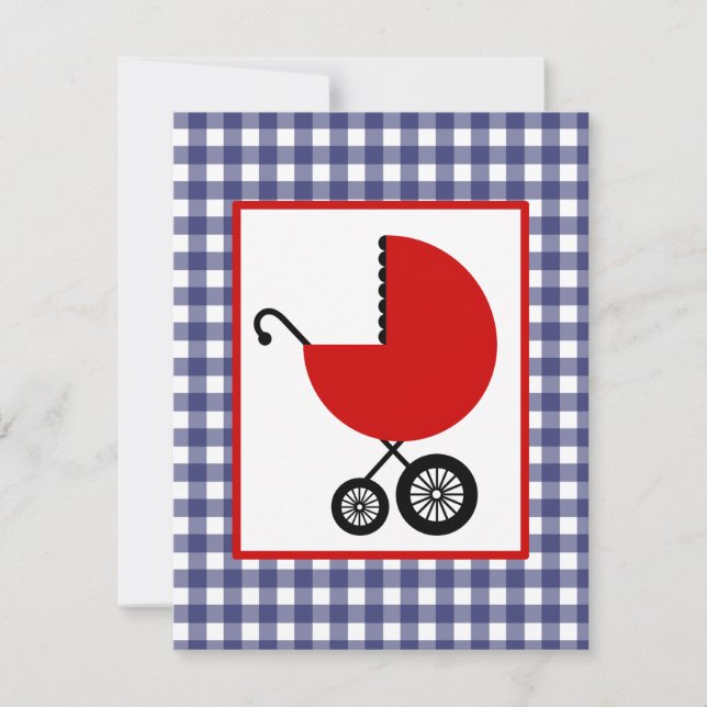 Invitación Neutral Baby Shower - Red Carriage y Blue Gingham (Anverso)