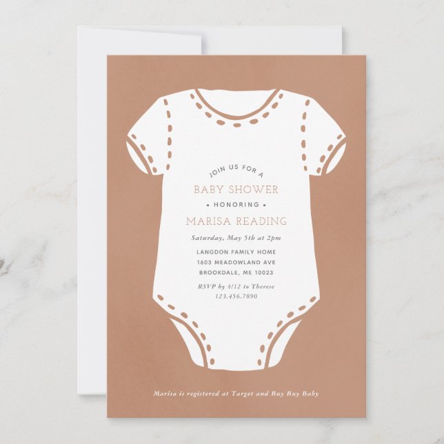 Invitación Neutral Beige Bodysuit Baby Shower Minimalista (Anverso)