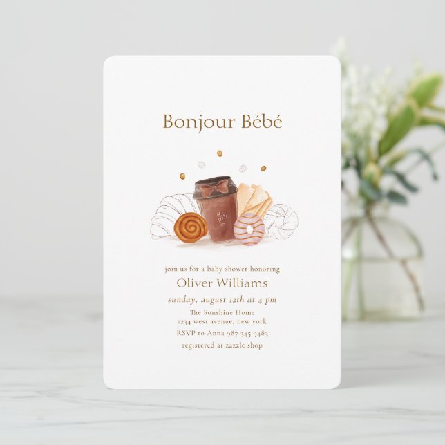 Invitación Neutral Bonjour Bébé Café Brunch Shower de bebé (Anverso de pie)