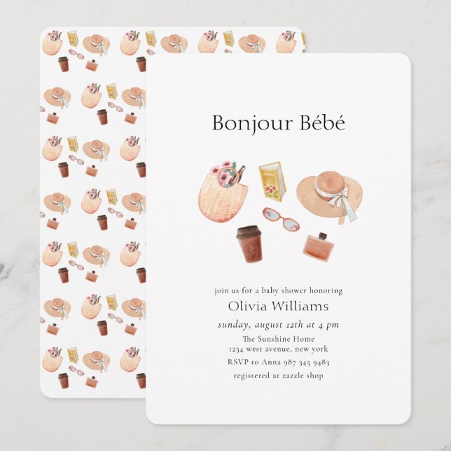 Invitación Neutral Bonjour Bébé Café Picnic Fiesta de bebé  (Anverso / Reverso)