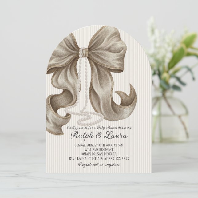 Invitación Neutral Bow Pearl Girl Baby Shower (Anverso de pie)