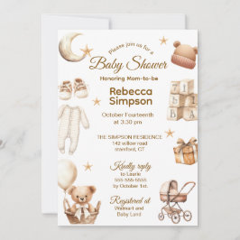 Invitación Neutral Brown Teddy Bear Clothes,Gifts-Baby Shower