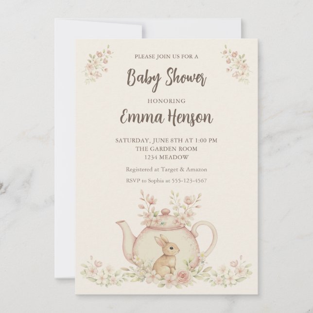 Invitación Neutral Bunny & Floral Teapot Baby Shower  (Anverso)