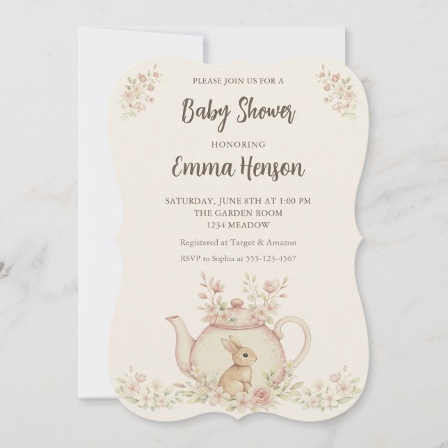 Invitación Neutral Bunny & Floral Teapot Baby Shower  (Anverso)