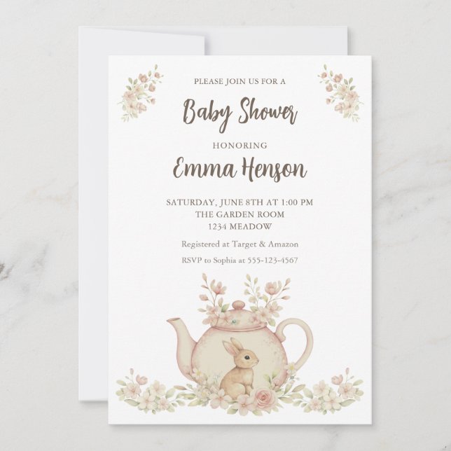 Invitación Neutral Bunny & Floral Teapot Baby Shower  (Anverso)