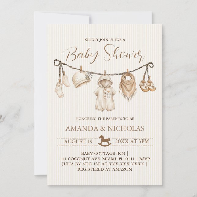 Invitación Neutral Clothes Baby Shower Striped (Anverso)