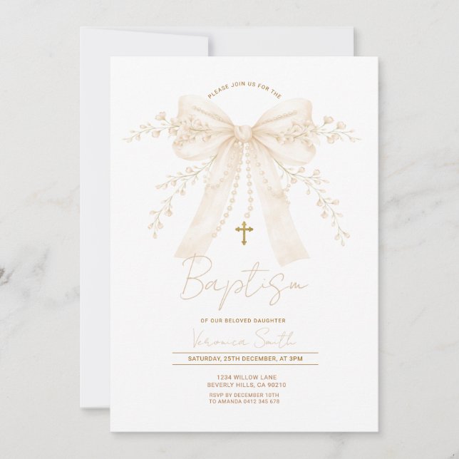 Invitación Neutral Cream Bow Cross Baptism Christening (Anverso)