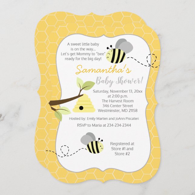 Invitación neutral de abeja gris amarilla (Anverso / Reverso)