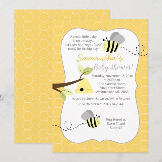 Invitación neutral de abeja gris y amarillo (Anverso / Reverso)