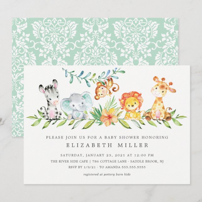 Invitación neutral de Baby Shower a animales de la (Anverso / Reverso)