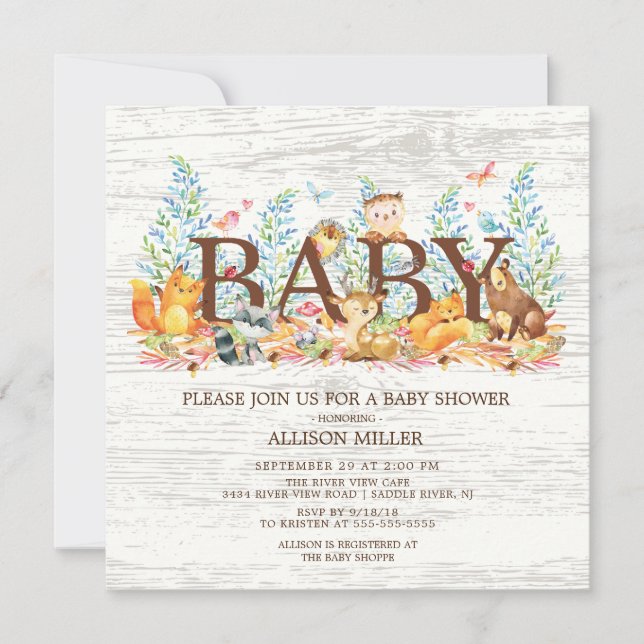 Invitación neutral de Baby Shower a animales de Wo (Anverso)