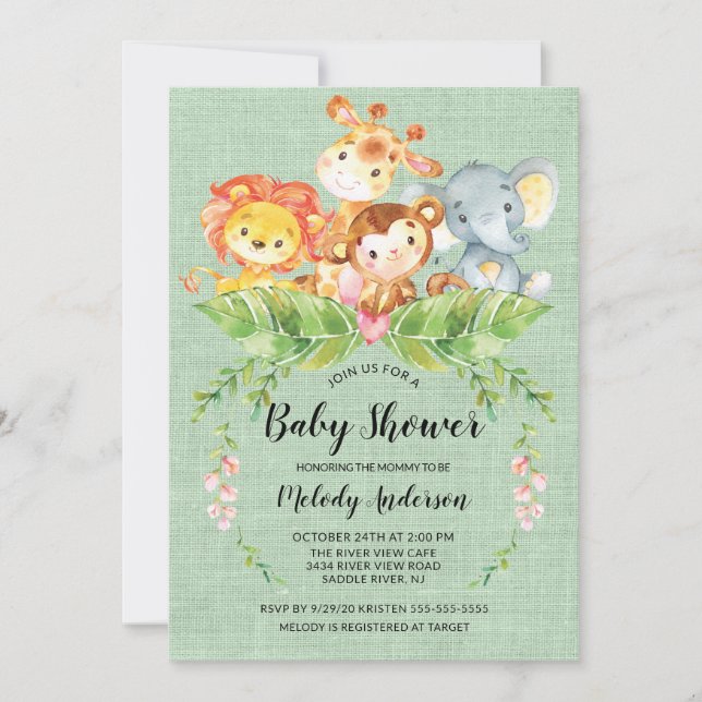Invitación neutral de Baby Shower a bebes de selva (Anverso)