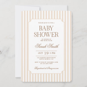 Invitación neutral de baby shower con raya beige