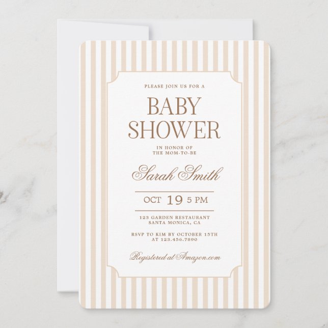 Invitación neutral de baby shower con raya beige (Anverso)