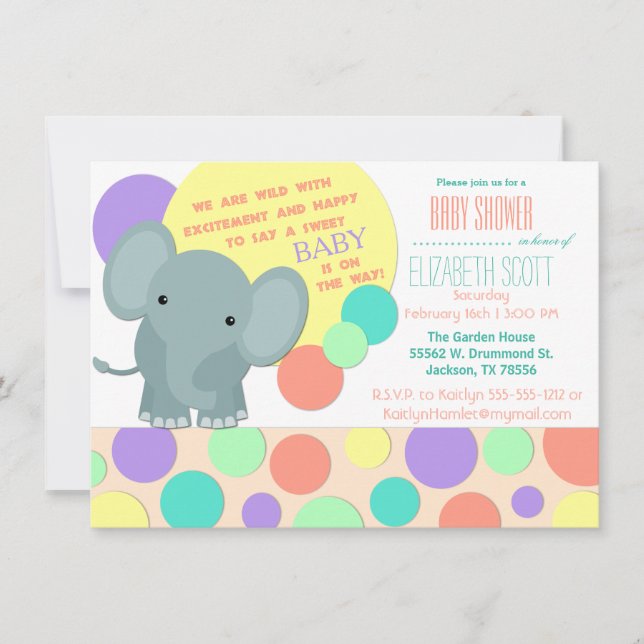 Invitación neutral de Baby Shower del elefante (Anverso)