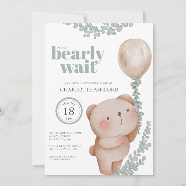 Invitación neutral de bebé Globo de oso Esperando  (Anverso)