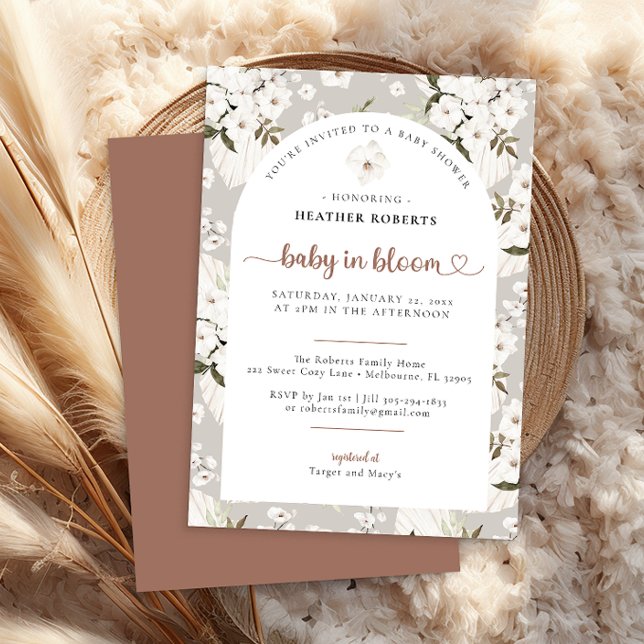 Invitación neutral de Boho Baby Shower - Bebé en f (Boho Watercolor Floral Arch Baby Shower Invitation)