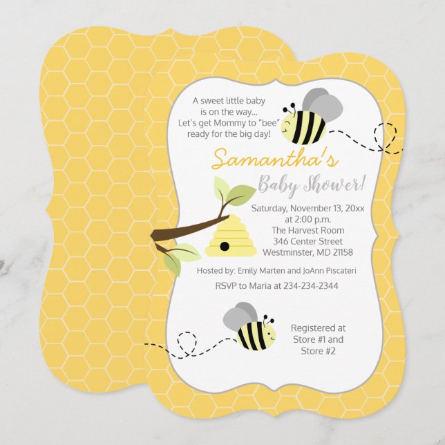 Invitación neutral de género amarillo gris de abej (Anverso / Reverso)