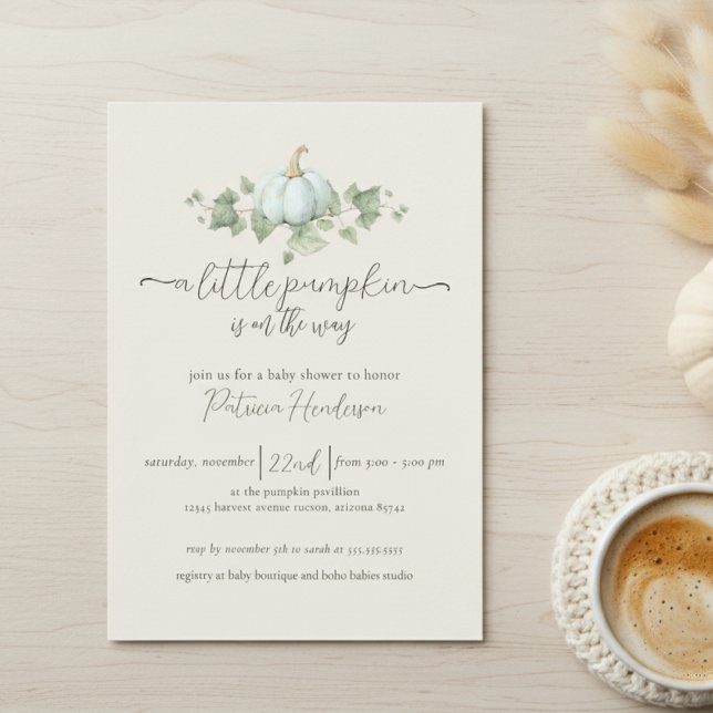 Invitación neutral de género Baby Shower de calaba (watercolor pumpkin fall theme little pumpkin on the way baby shower invitation)