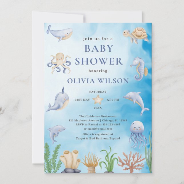 Invitación Neutral de género bajo el mar Animales Baby Shower (Anverso)