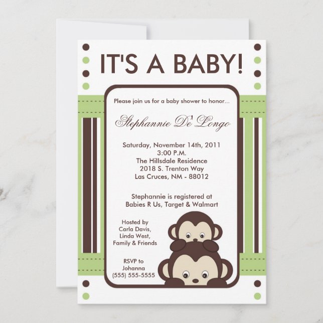 invitación neutral de Jung Baby Shower del mono (Anverso)