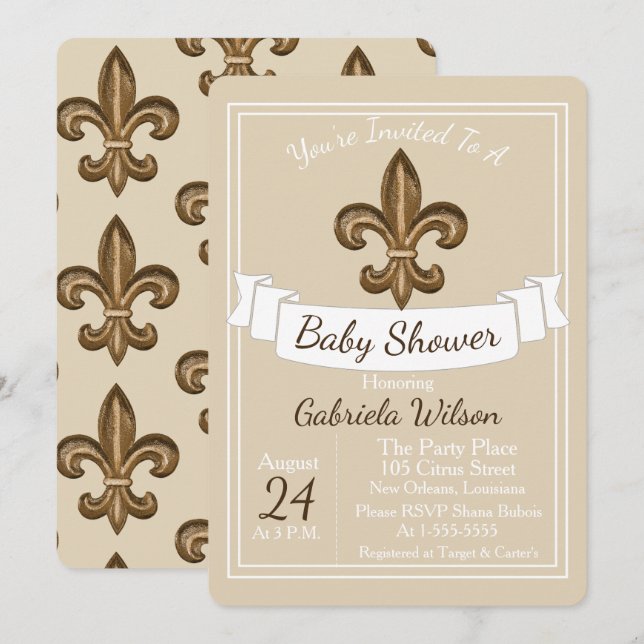 Invitación Neutral de oro francés Baby Shower de la flor de (Anverso / Reverso)
