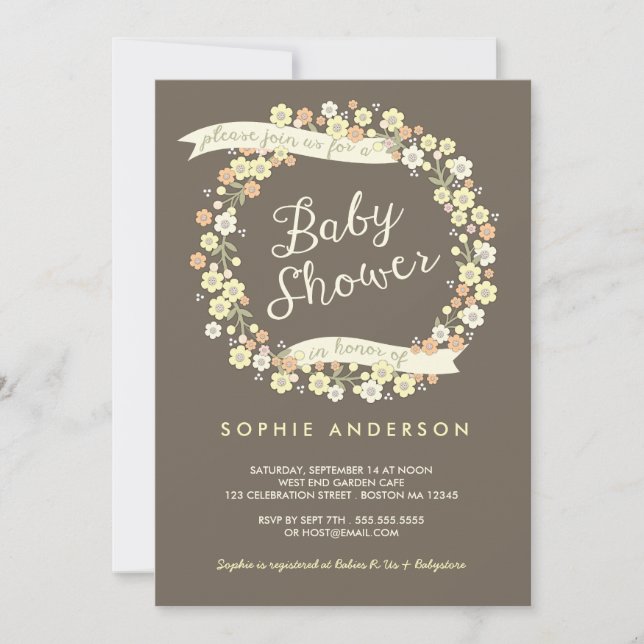 Invitación Neutral floral Baby Shower de la guirnalda del (Anverso)