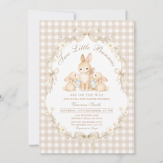 Invitación Neutral Gingham Bunnies Twins Baby Shower (Anverso)